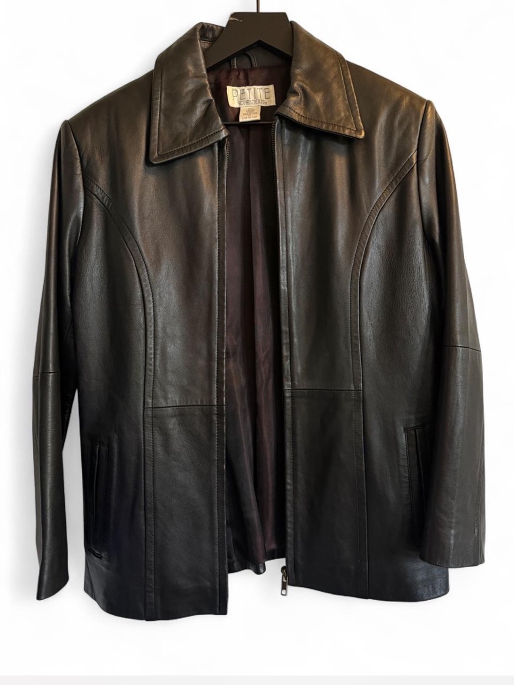 Petite Sophisticate Black Leather Zip Jacket